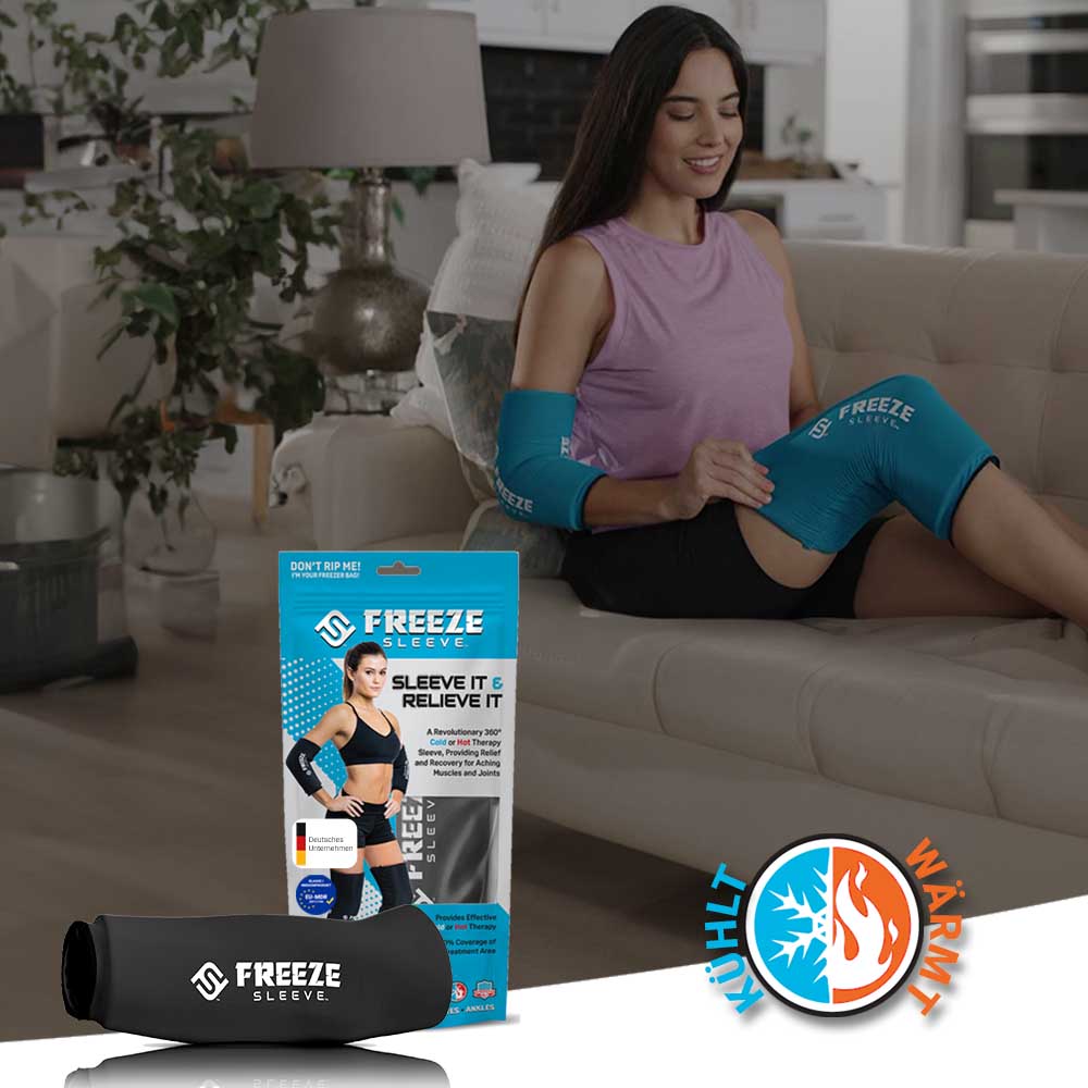 Frau verwendet Kühlbandagen gegen Knieschmerzen und Tennisarm